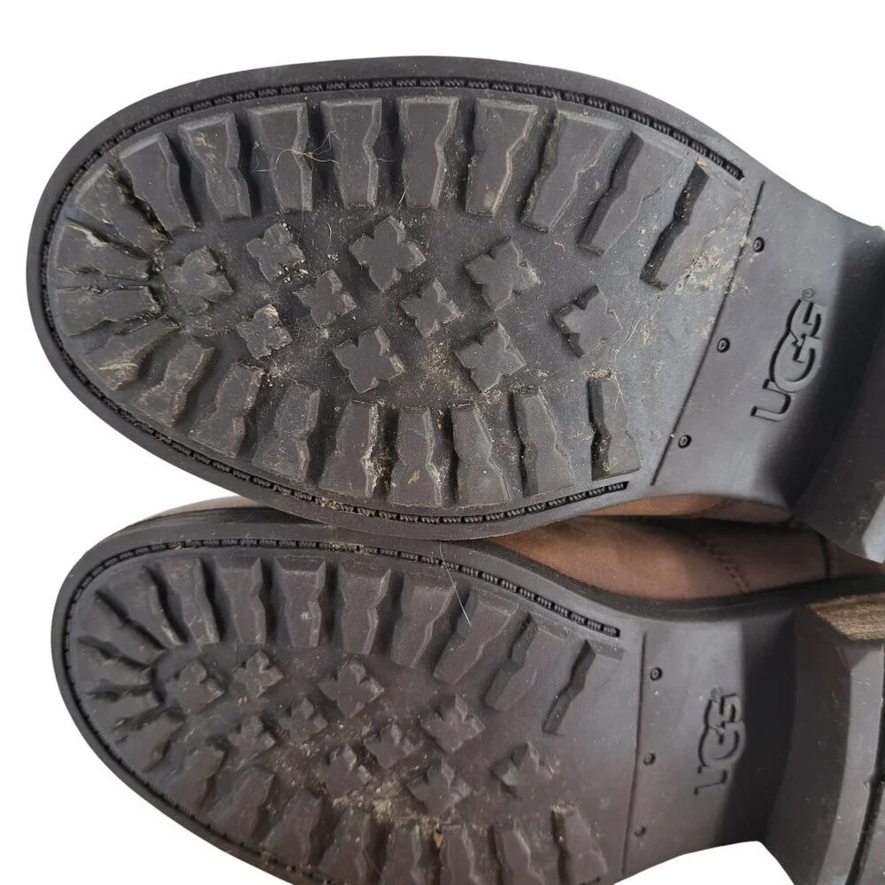 Ugg Oregon Brown Leather Waterproof Boots Size 7.5 Shearling Fur Moto Buckle